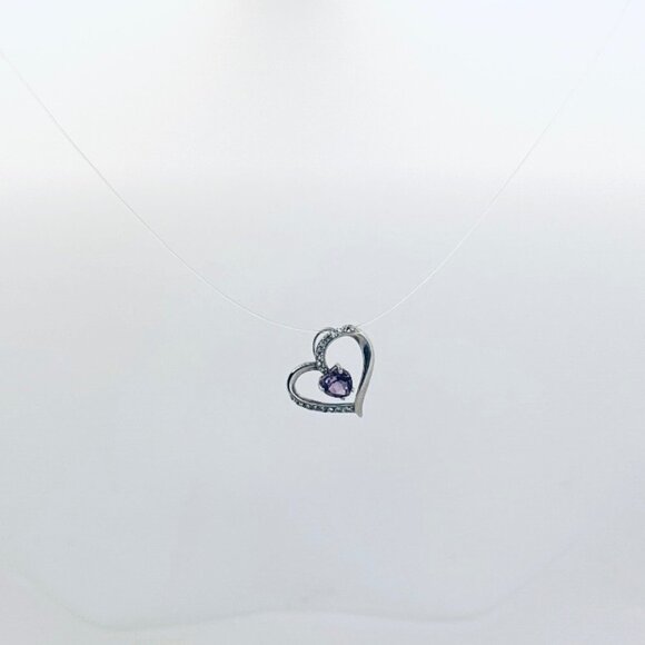 Sterling Silver 925 Heart Pendant with Amethyst Gemstone & CZ Accents Estate - Picture 3 of 9